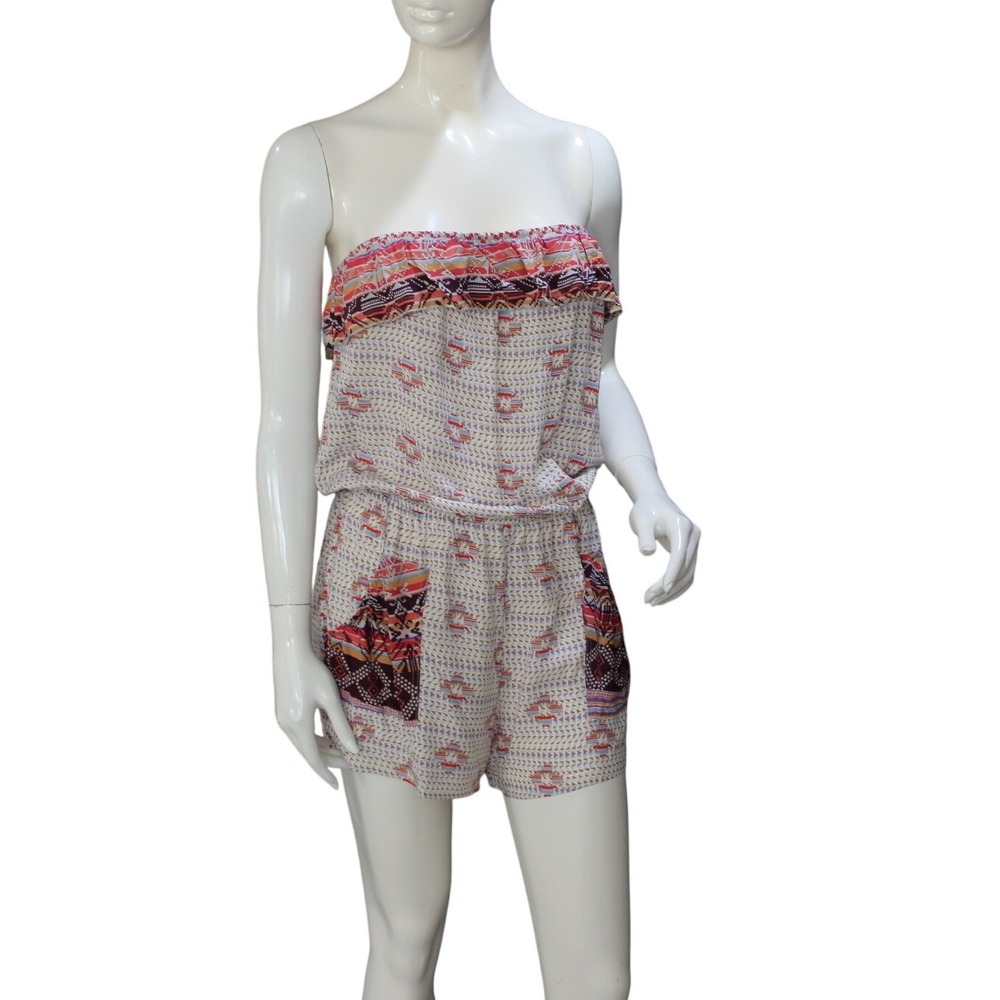 L8ter Strapless Romper‎ Large Coral Ivory Tribal Print